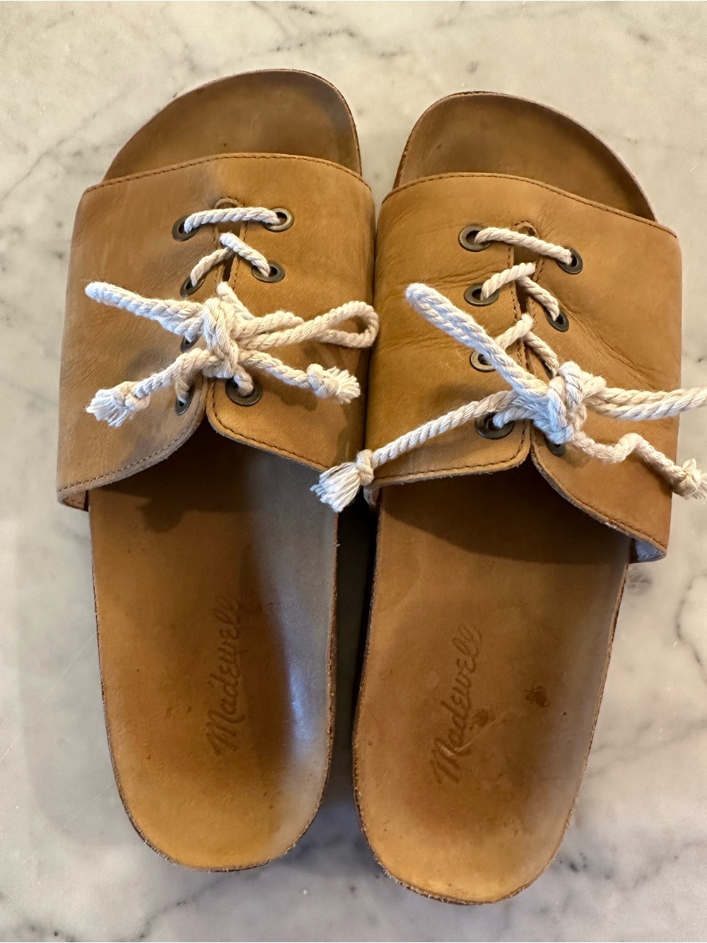MADEWELL Aileen Slide Sandals Tan Leather & White Rope Laces Sz 9 Retail $98 EUC - Picture 2 of 5